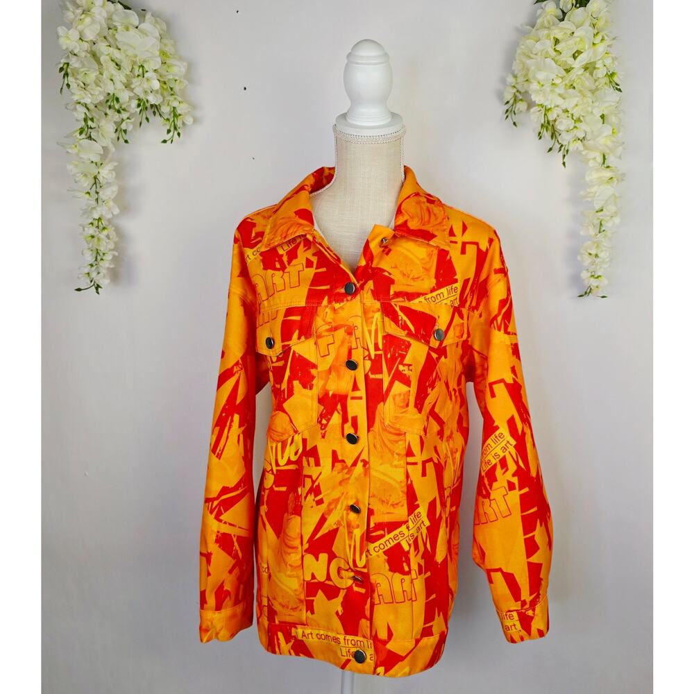 Artsy Graffiti Jacket Large Orange Art is Life Button Front Pop Streetwear Shein - Picture 4 of 14